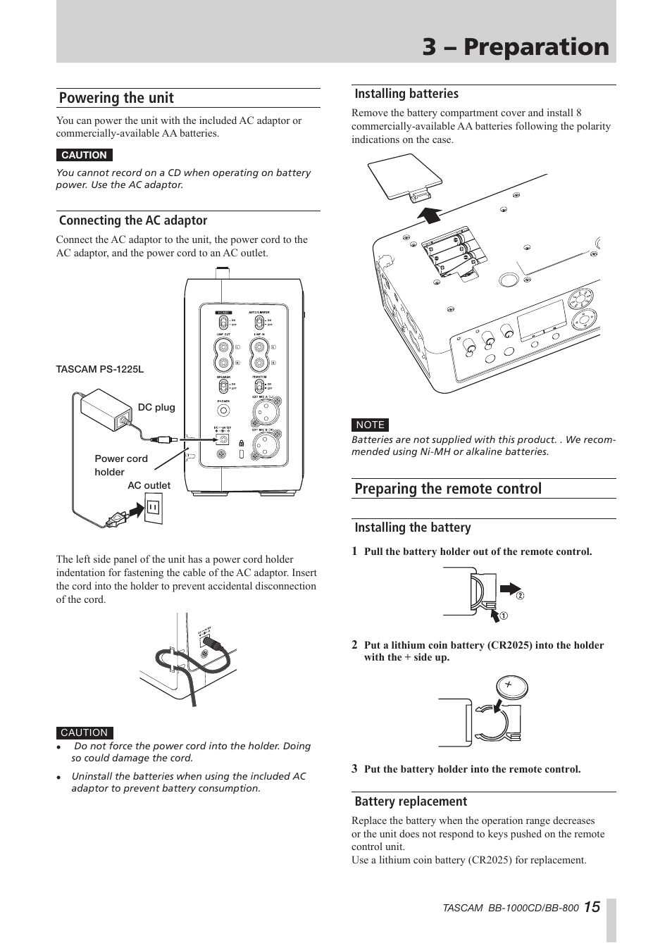 3 – preparation, Powering the unit, Connecting the ac adaptor | Installing batteries, Preparing the remote control, Installing the battery, Battery replacement, Connecting the ac adaptor installing batteries, Installing the battery battery replacement, 15 powering the unit | Tascam BB-800 User Manual | Page 15 / 52