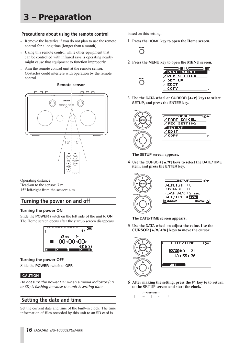 Precautions about using the remote control, Turning the power on and off, Setting the date and time | 3 – preparation | Tascam BB-800 User Manual | Page 16 / 52