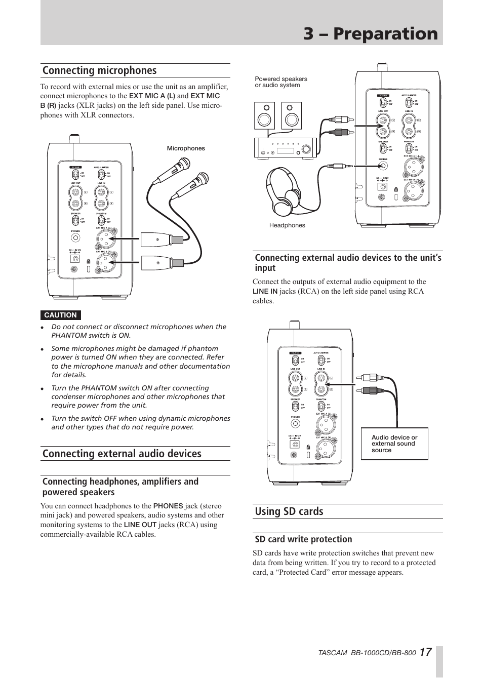 Connecting microphones, Connecting external audio devices, Using sd cards | Sd card write protection, 3 – preparation | Tascam BB-800 User Manual | Page 17 / 52