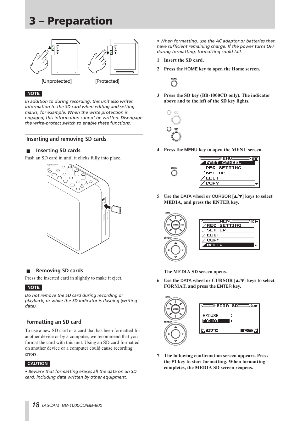 Inserting and removing sd cards, Formatting an sd card, 3 – preparation | Tascam BB-800 User Manual | Page 18 / 52