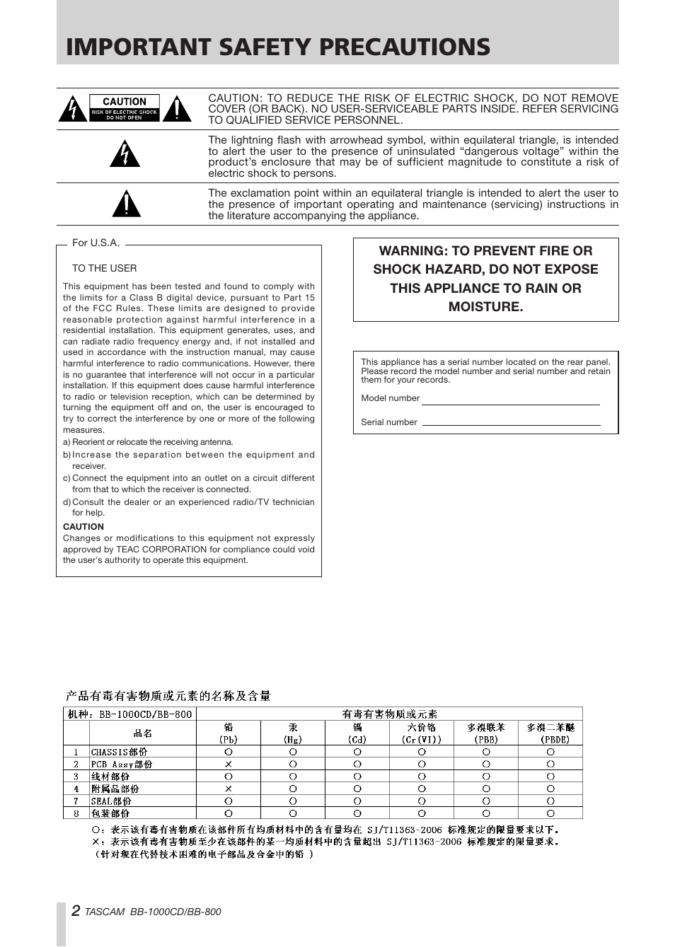 Important safety precautions | Tascam BB-800 User Manual | Page 2 / 52