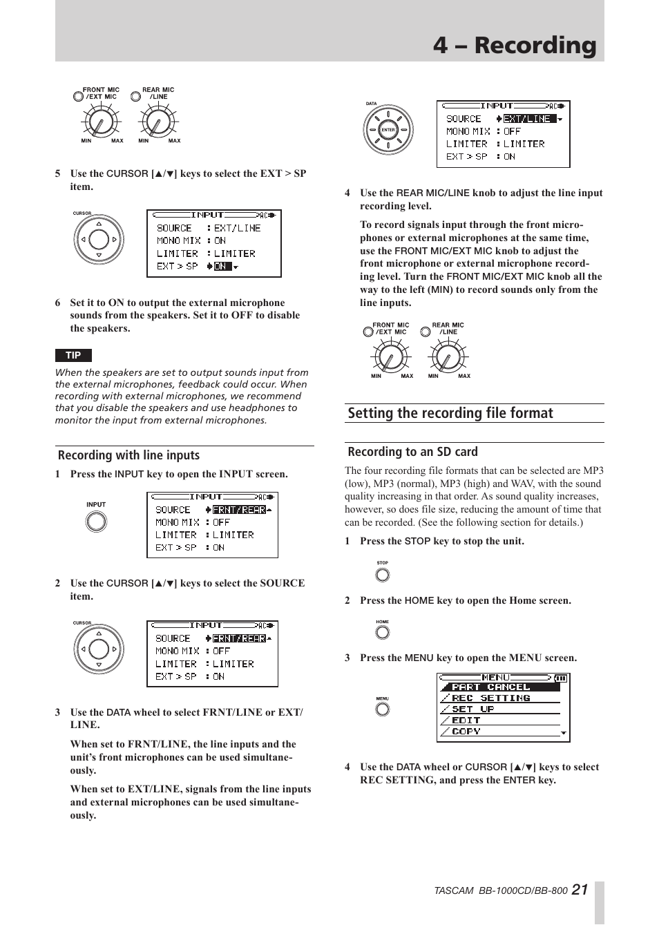Recording with line inputs, Setting the recording file format, Recording to an sd card | 4 – recording | Tascam BB-800 User Manual | Page 21 / 52