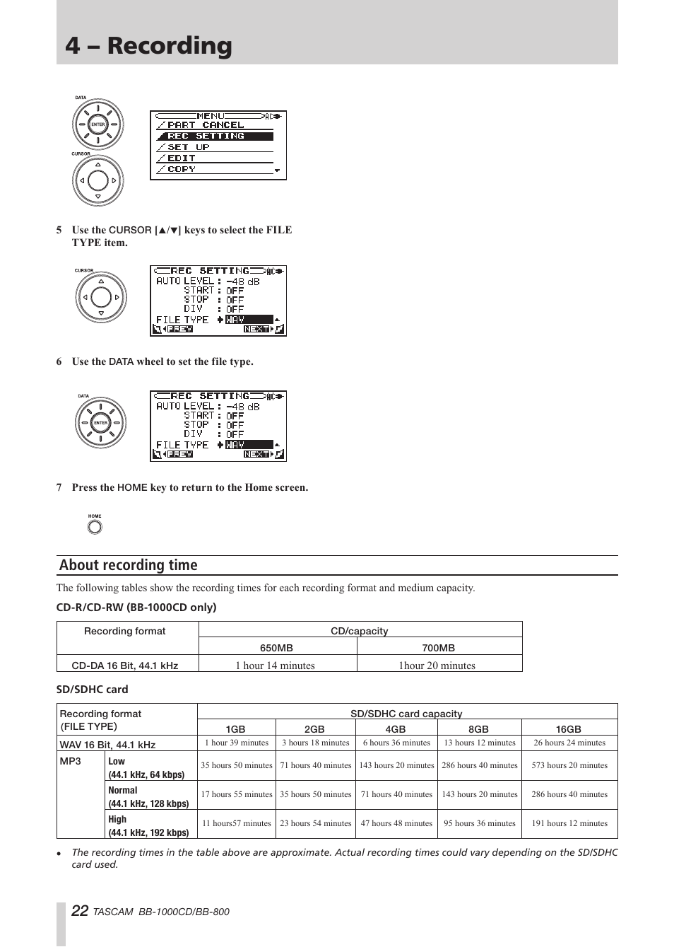 About recording time, 4 – recording | Tascam BB-800 User Manual | Page 22 / 52