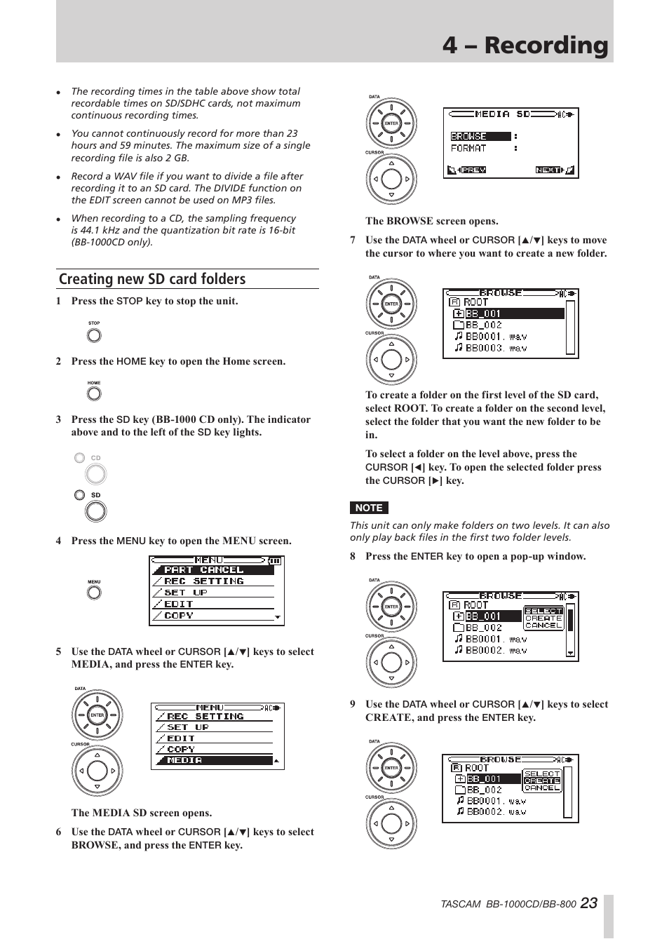 Creating new sd card folders, 4 – recording | Tascam BB-800 User Manual | Page 23 / 52
