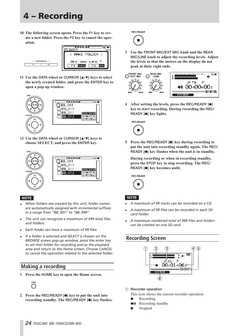 Making a recording, Recording screen, Making a recording recording screen | 4 – recording | Tascam BB-800 User Manual | Page 24 / 52