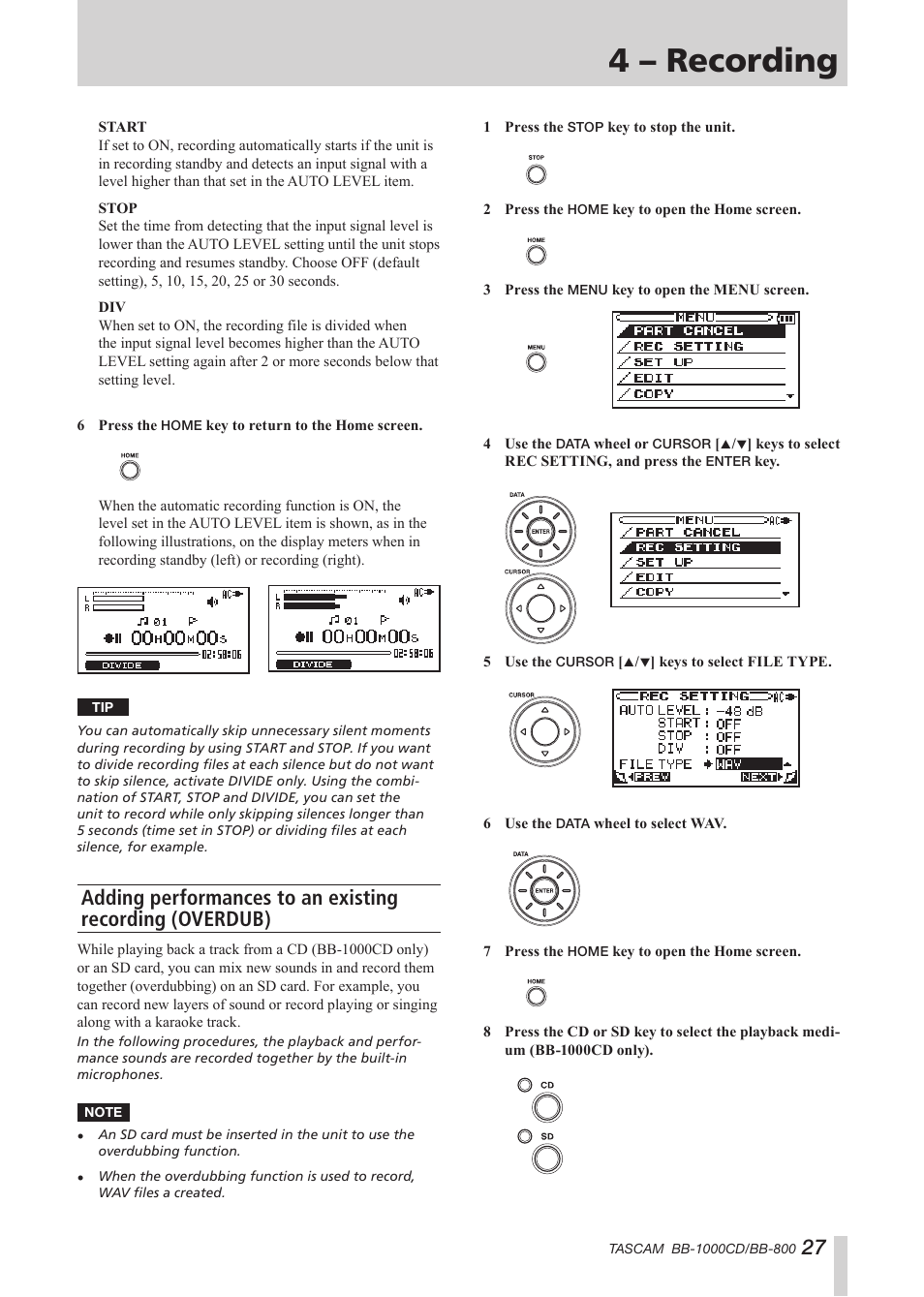 4 – recording | Tascam BB-800 User Manual | Page 27 / 52