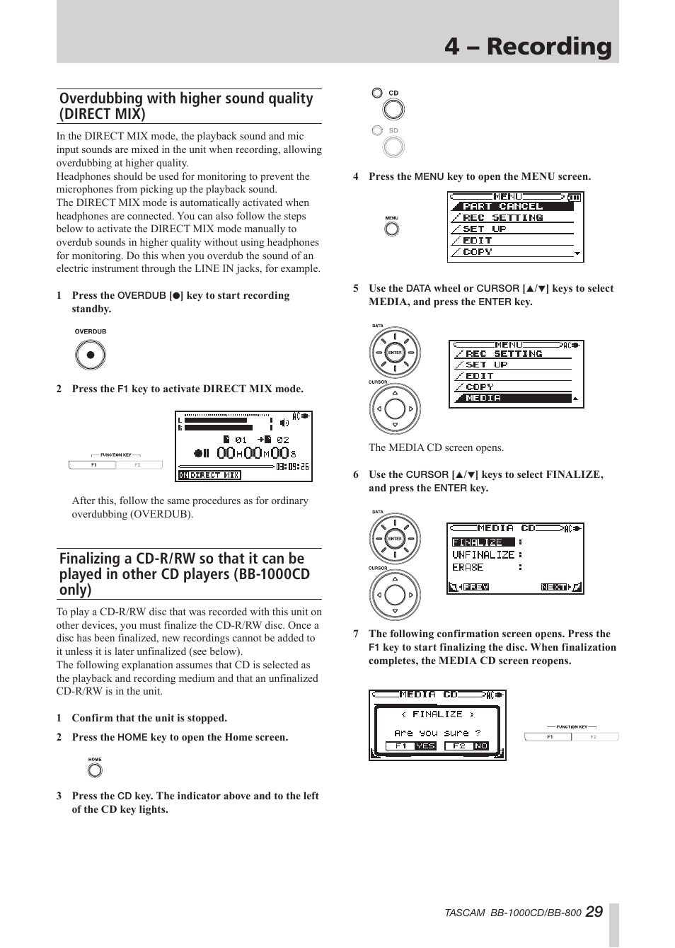 Overdubbing with higher sound quality (direct mix), 4 – recording | Tascam BB-800 User Manual | Page 29 / 52