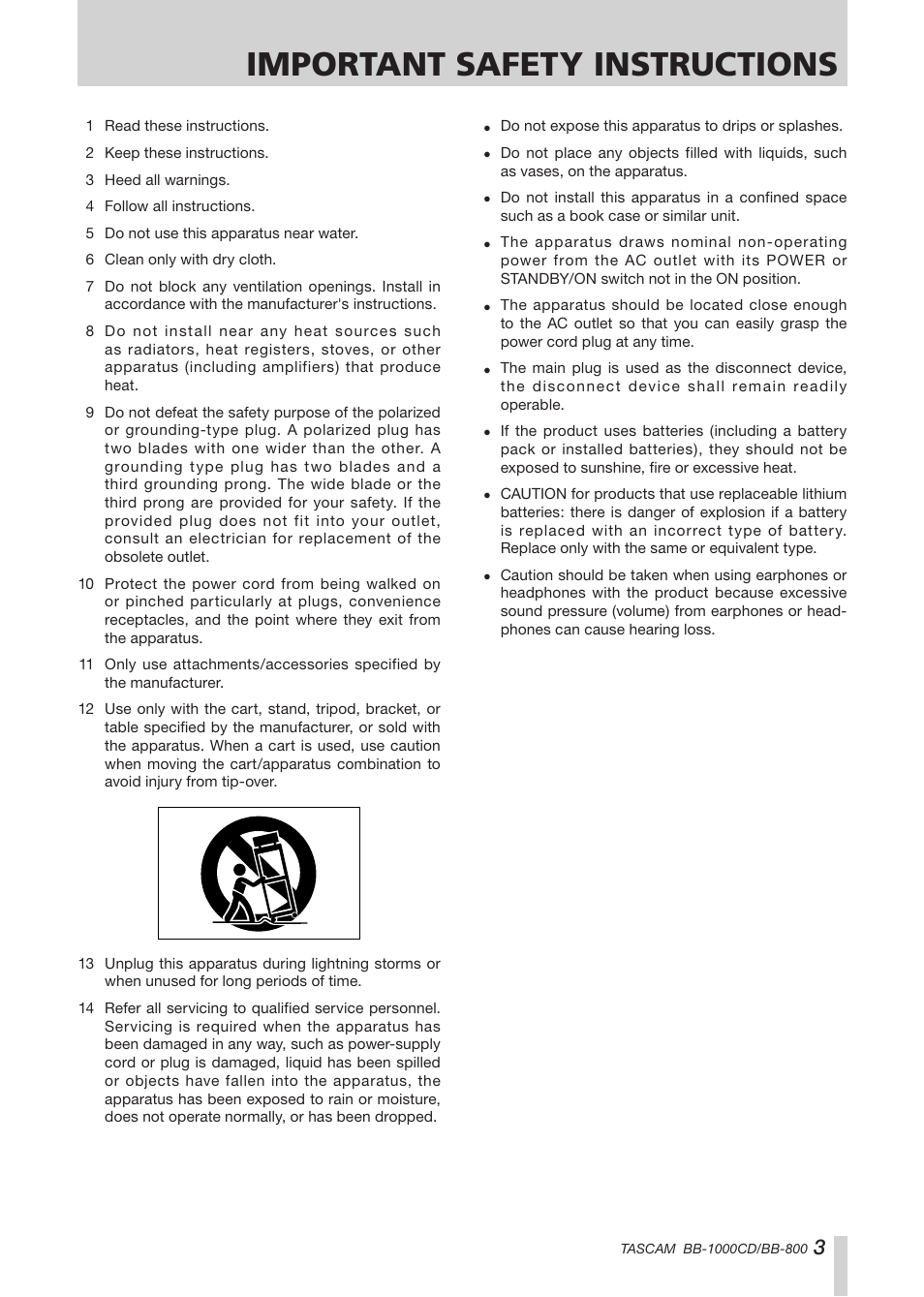 Important safety instructions | Tascam BB-800 User Manual | Page 3 / 52