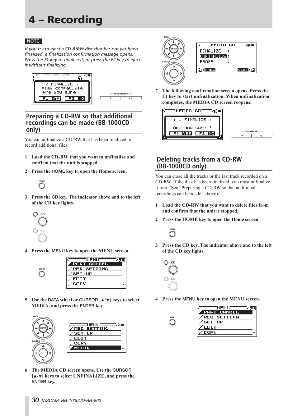 Deleting tracks from a cd-rw (bb-1000cd only), 4 – recording | Tascam BB-800 User Manual | Page 30 / 52