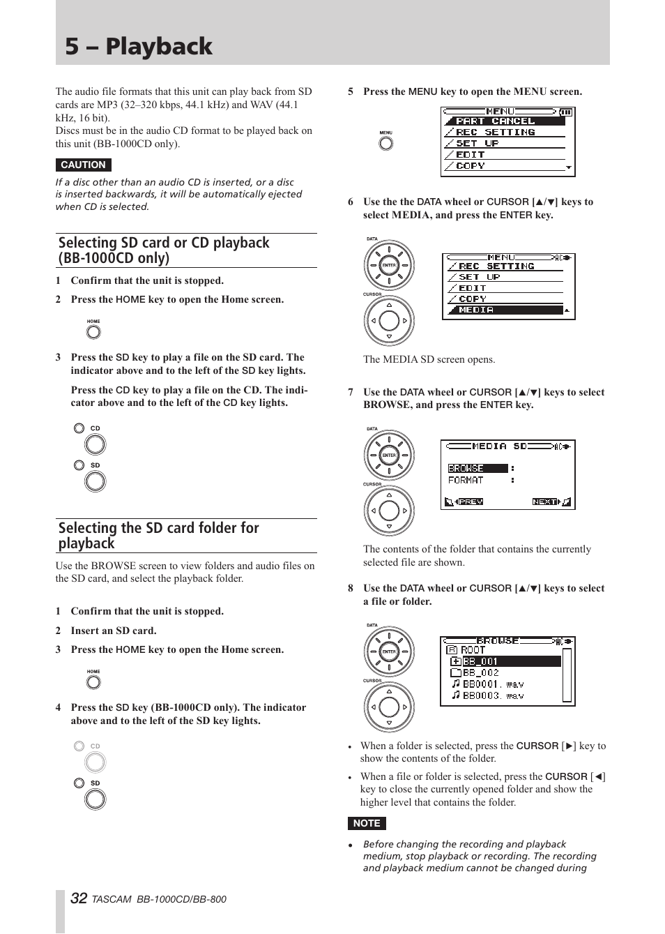 5 – playback, Selecting sd card or cd playback (bb-1000cd only), Selecting the sd card folder for playback | Tascam BB-800 User Manual | Page 32 / 52