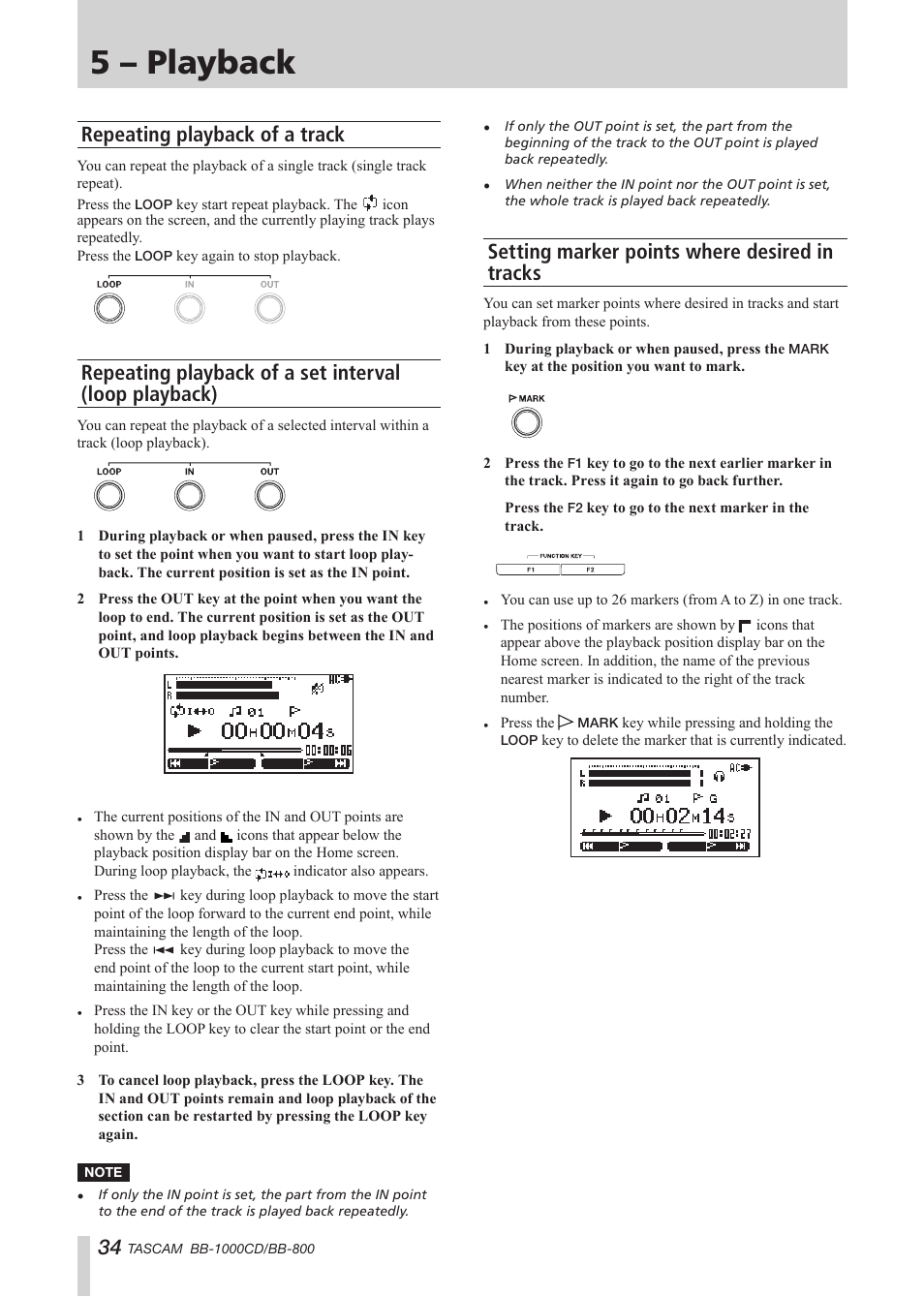 Repeating playback of a track, Setting marker points where desired in tracks, 5 – playback | Tascam BB-800 User Manual | Page 34 / 52