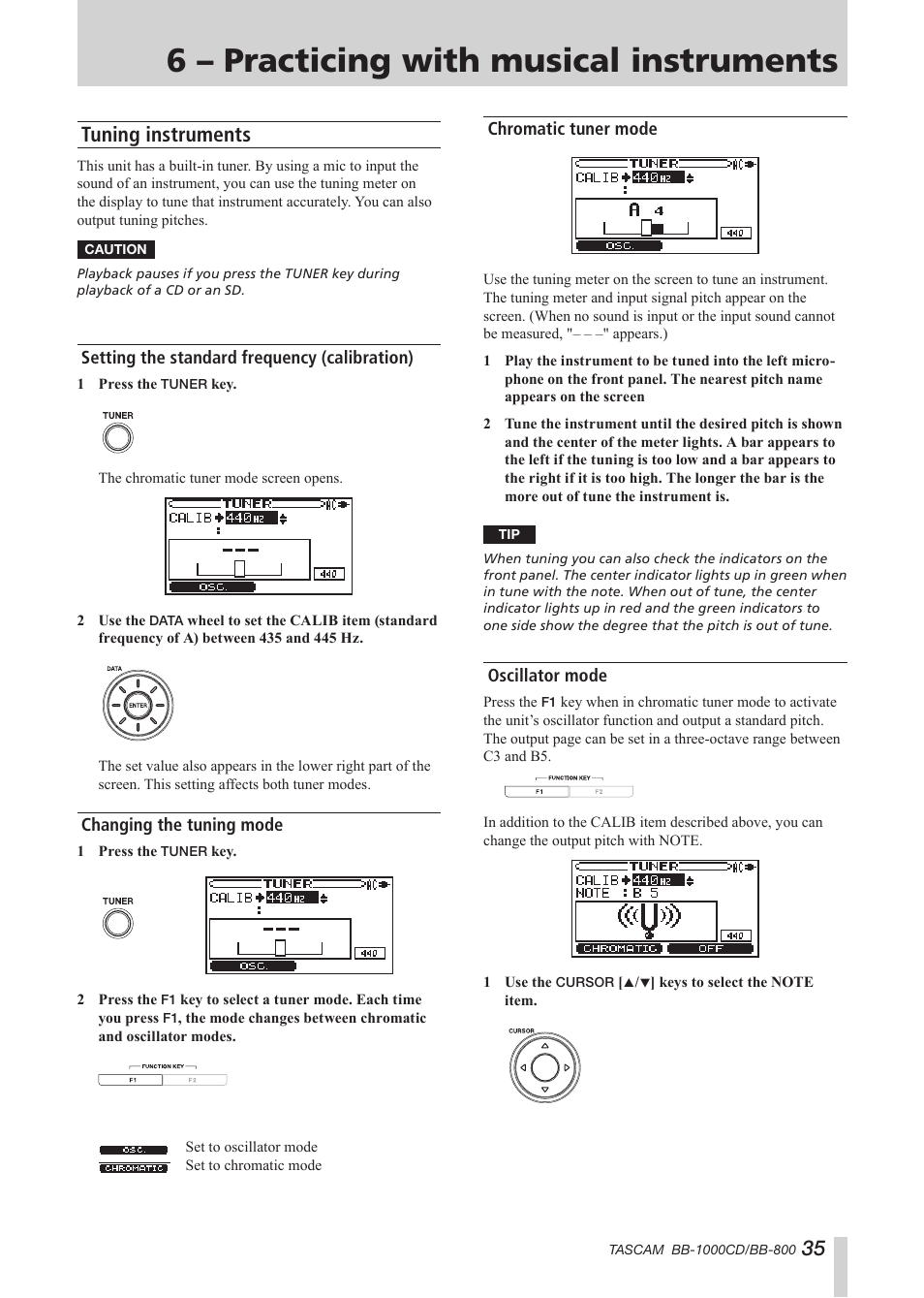 6 – practicing with musical instruments, Tuning instruments, Setting the standard frequency (calibration) | Changing the tuning mode, Chromatic tuner mode, Oscillator mode | Tascam BB-800 User Manual | Page 35 / 52