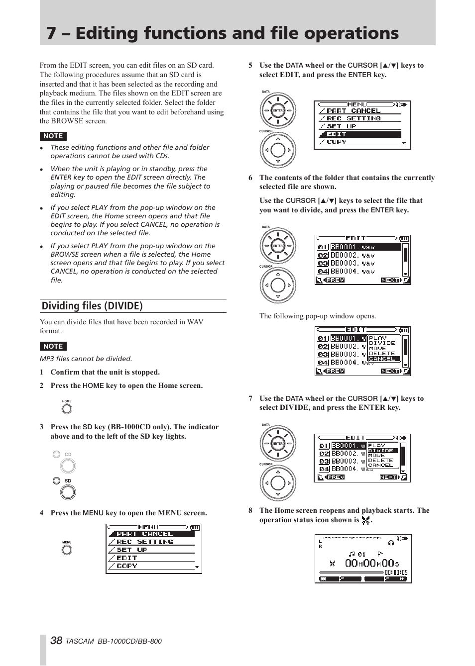 7 – editing functions and file operations, Dividing files (divide) | Tascam BB-800 User Manual | Page 38 / 52
