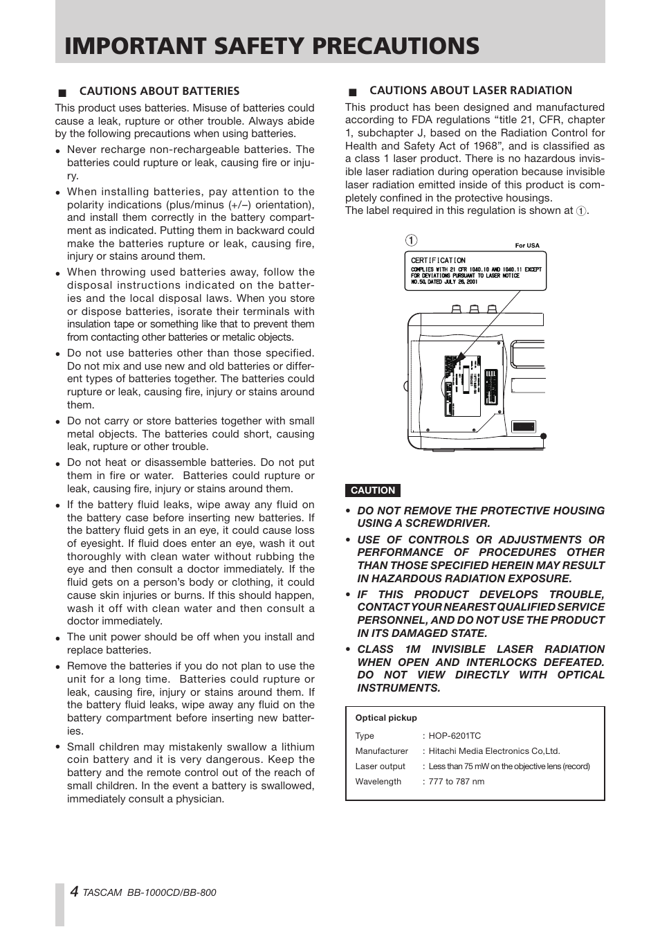 Important safety precautions | Tascam BB-800 User Manual | Page 4 / 52
