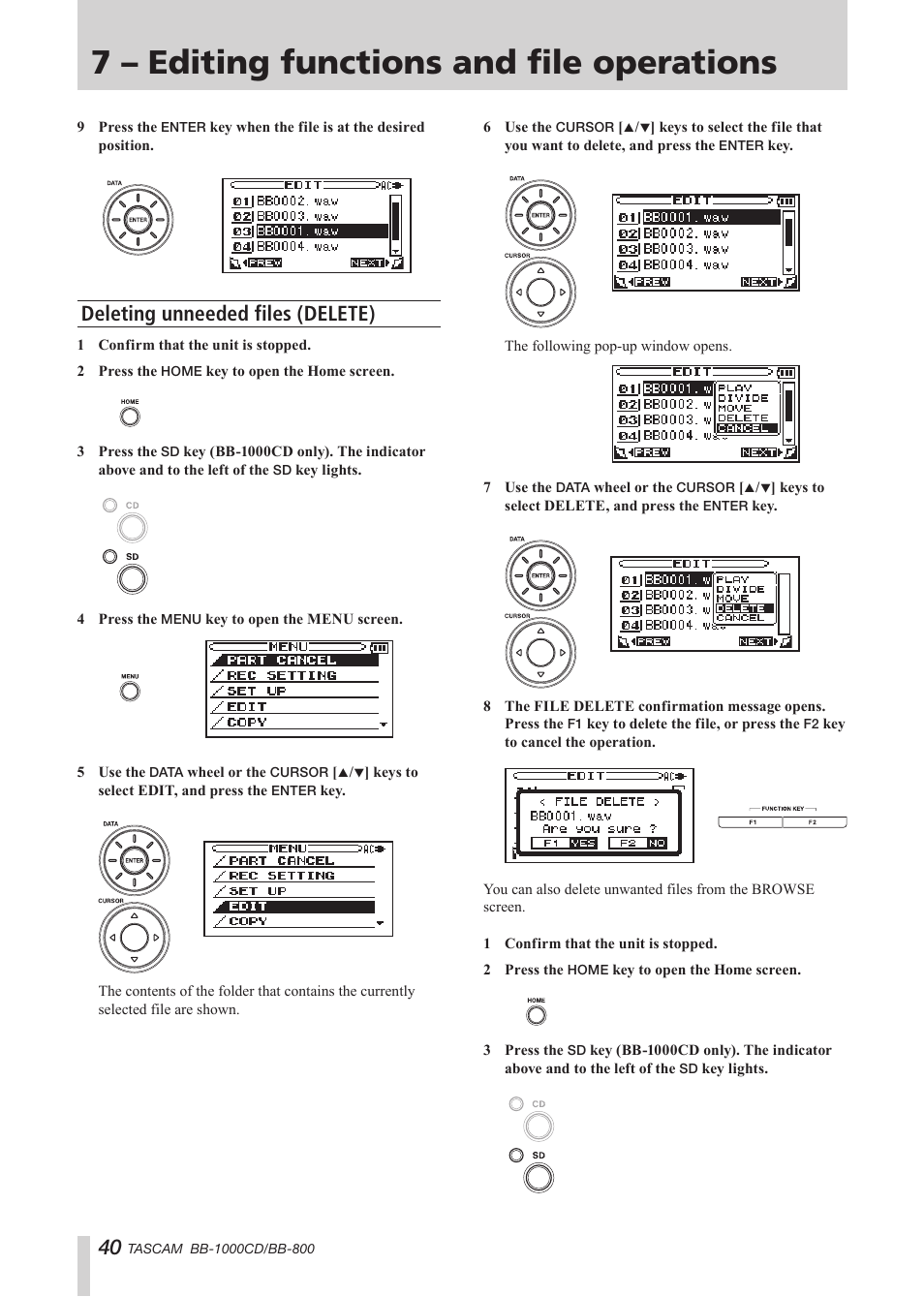 Deleting unneeded files (delete), 7 – editing functions and file operations | Tascam BB-800 User Manual | Page 40 / 52