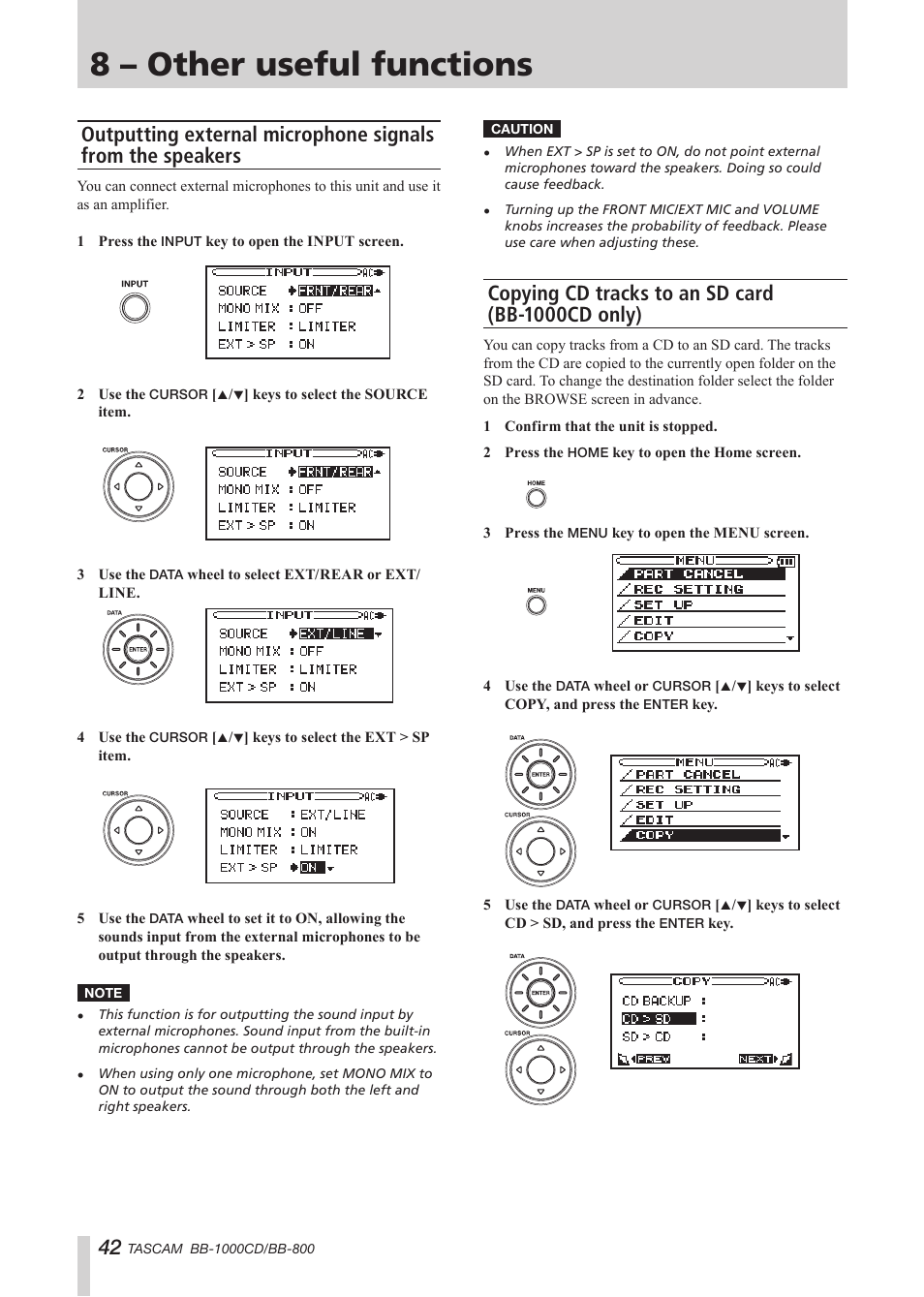 8 – other useful functions, Copying cd tracks to an sd card (bb-1000cd only) | Tascam BB-800 User Manual | Page 42 / 52