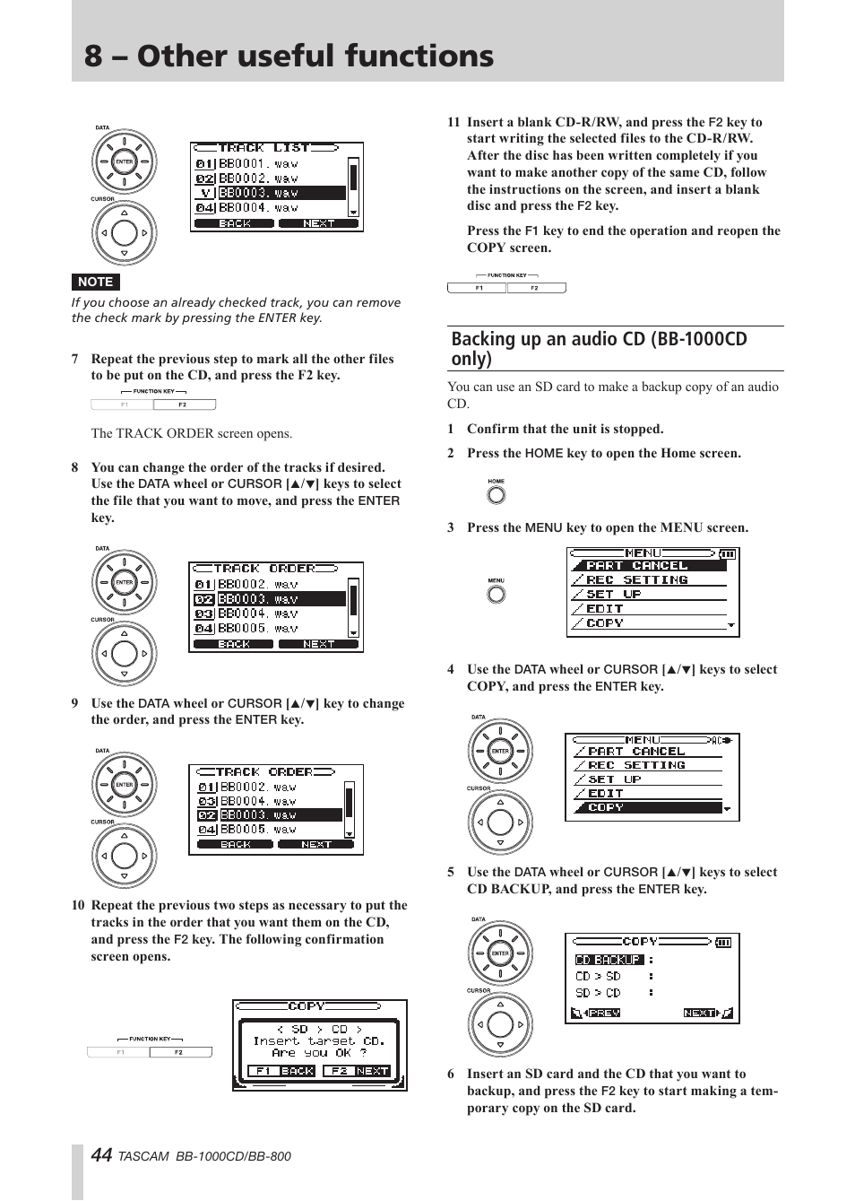 Backing up an audio cd (bb-1000cd only), 8 – other useful functions | Tascam BB-800 User Manual | Page 44 / 52