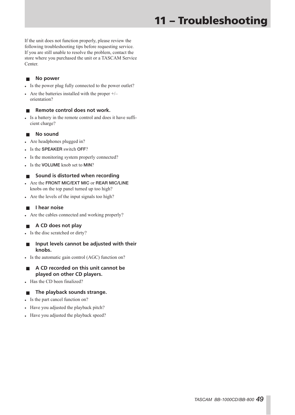 11 – troubleshooting | Tascam BB-800 User Manual | Page 49 / 52