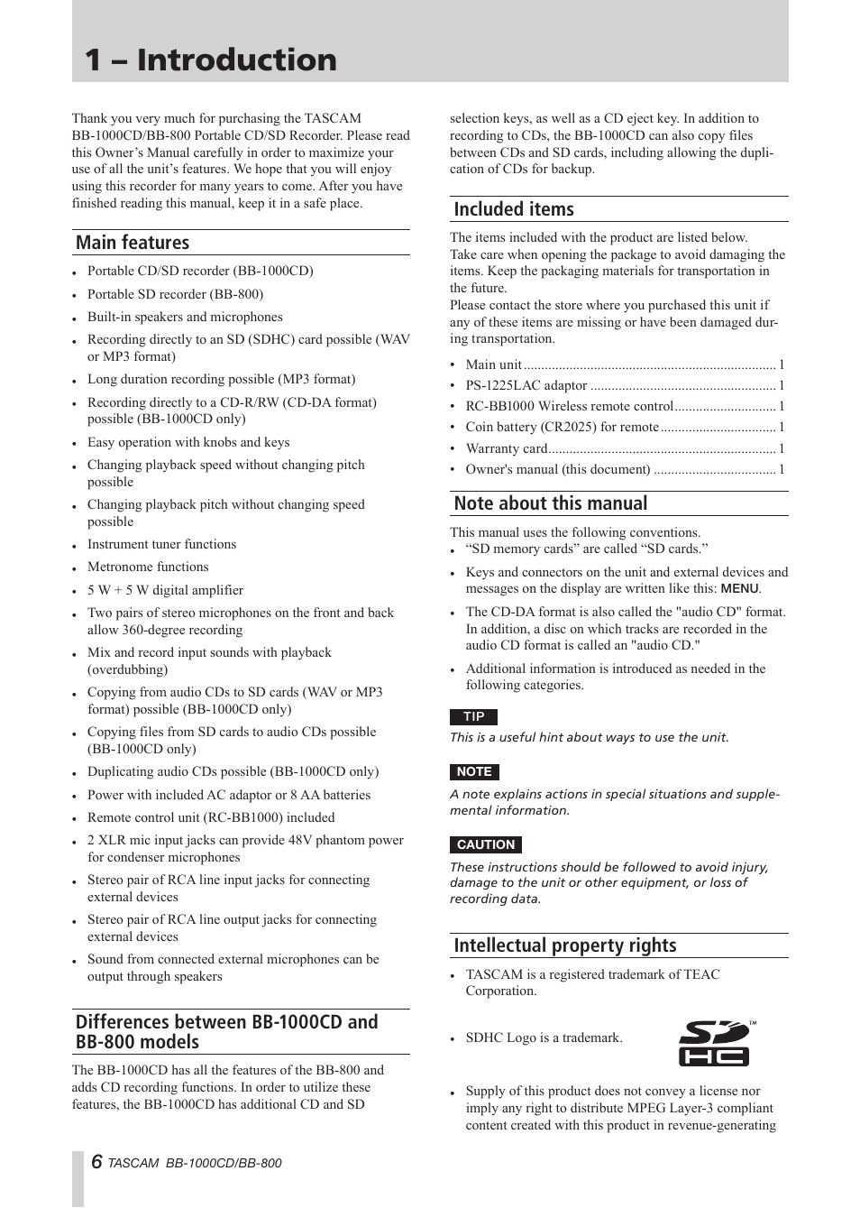 1 – introduction, Main features, Differences between bb-1000cd and bb-800 models | Included items, Note about this manual, Intellectual property rights | Tascam BB-800 User Manual | Page 6 / 52