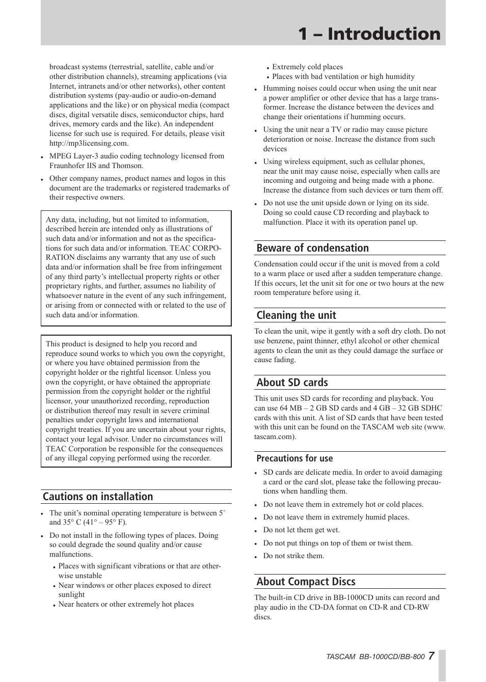 Cautions on installation, Beware of condensation, Cleaning the unit | About sd cards, Precautions for use, About compact discs, 1 – introduction | Tascam BB-800 User Manual | Page 7 / 52