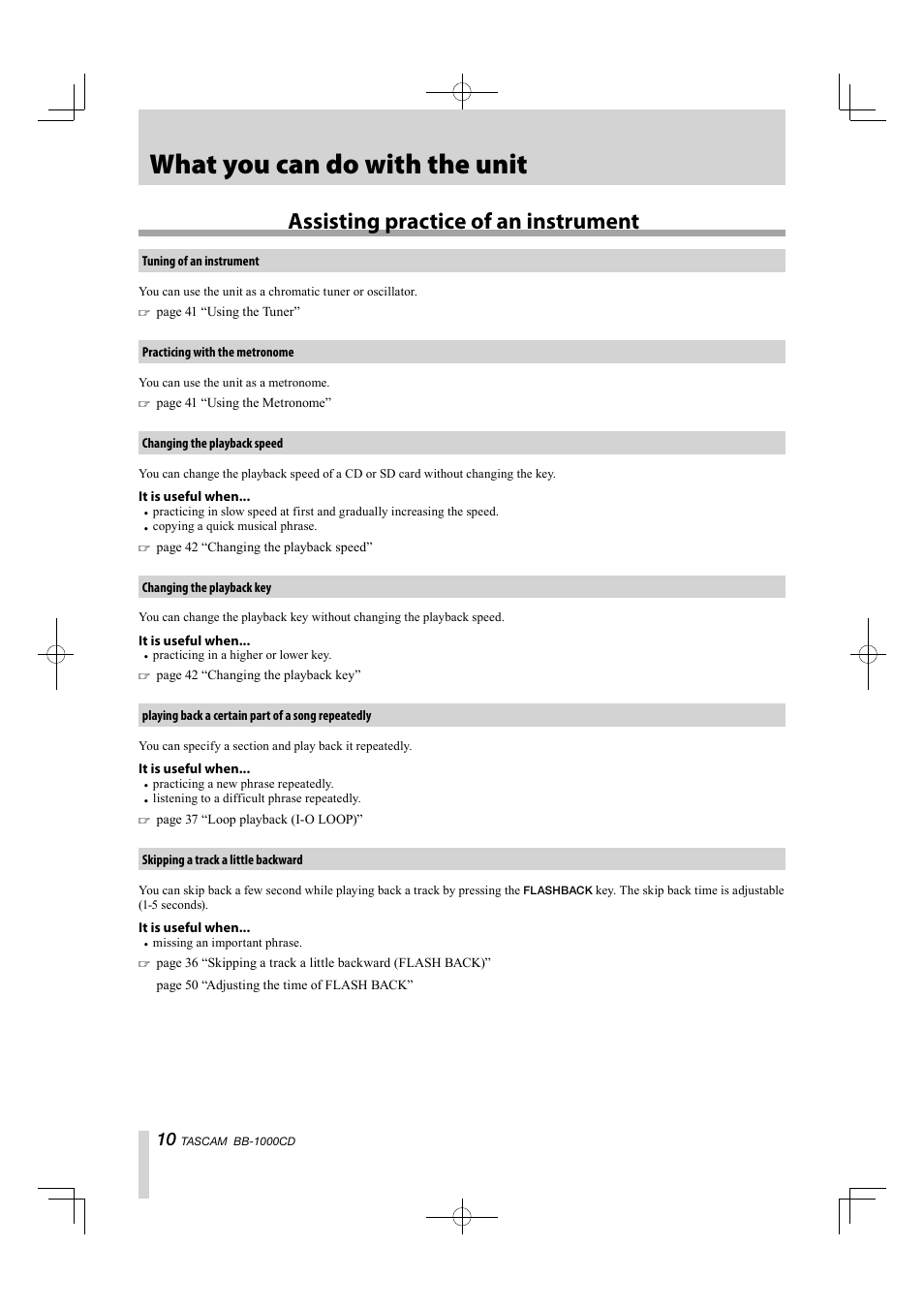 What you can do with the unit, Assisting practice of an instrument | Tascam BB-1000CD User Manual | Page 10 / 56