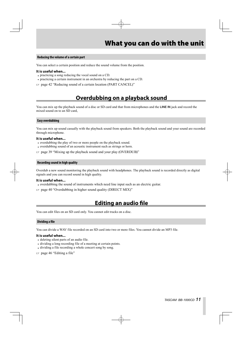 What you can do with the unit, Overdubbing on a playback sound, Editing an audio fi le | Tascam BB-1000CD User Manual | Page 11 / 56