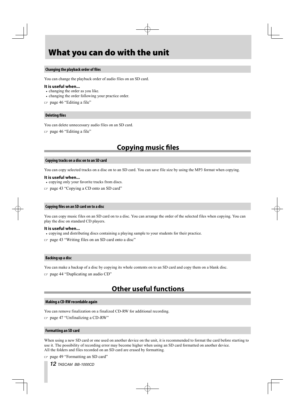 What you can do with the unit, Copying music fi les, Other useful functions | Tascam BB-1000CD User Manual | Page 12 / 56