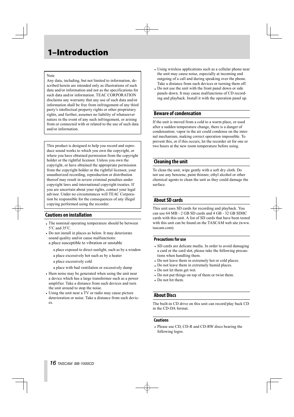 Cautions on installation, Beware of condensation, Cleaning the unit | About sd cards, About discs, 1–introduction | Tascam BB-1000CD User Manual | Page 16 / 56