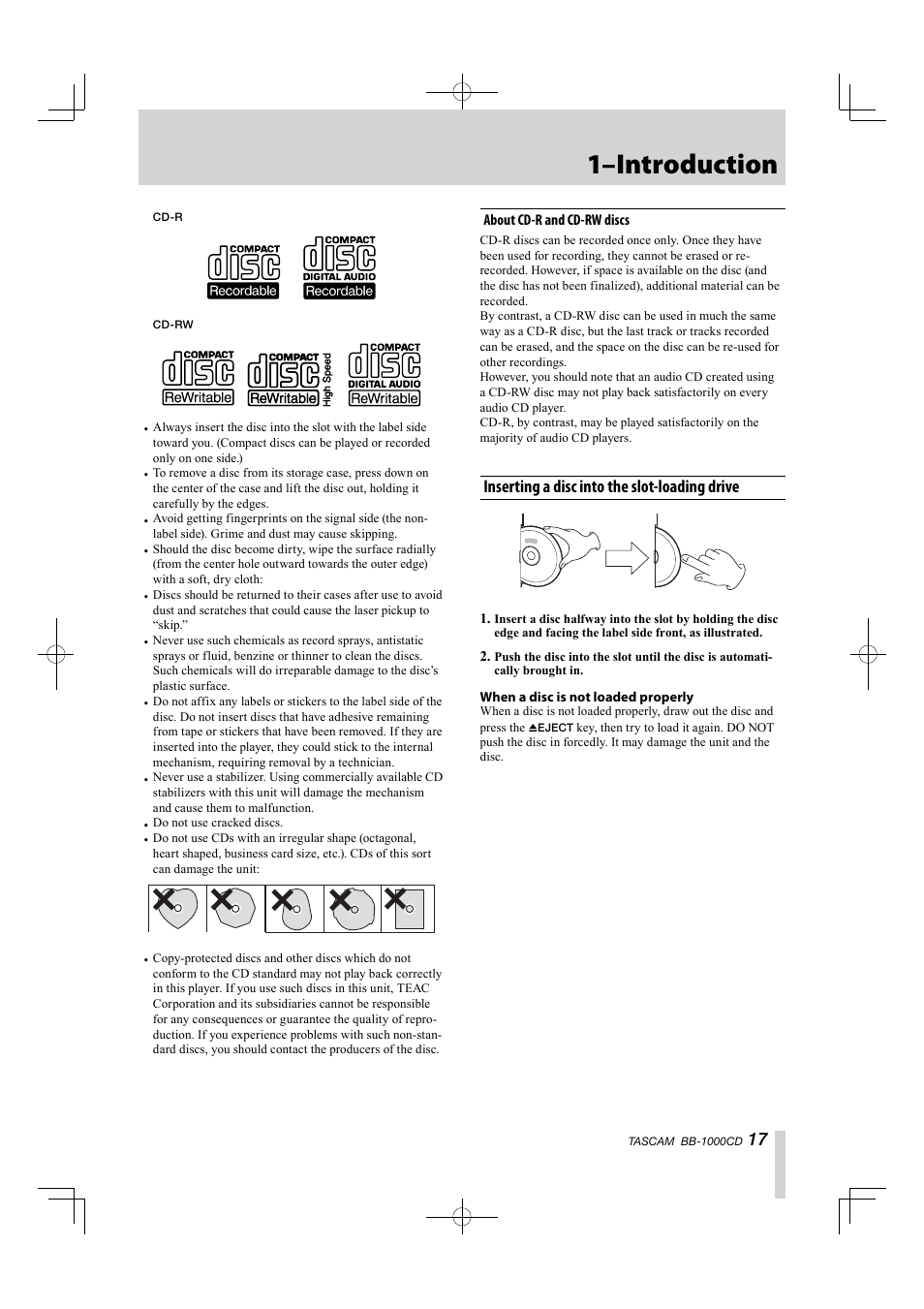 Inserting a disc into the slot-loading drive, 1–introduction | Tascam BB-1000CD User Manual | Page 17 / 56