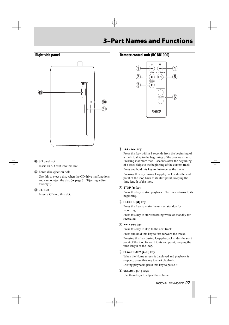 Right side panel, Remote control unit (rc-bb1000), 3–part names and functions | 27 right side panel | Tascam BB-1000CD User Manual | Page 27 / 56