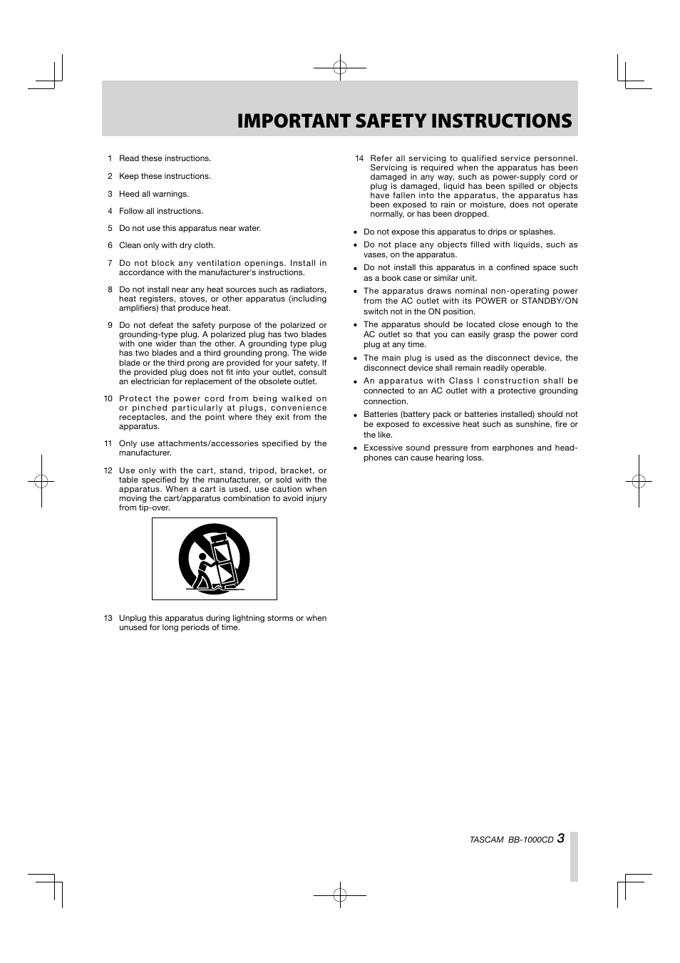 Important safety instructions | Tascam BB-1000CD User Manual | Page 3 / 56