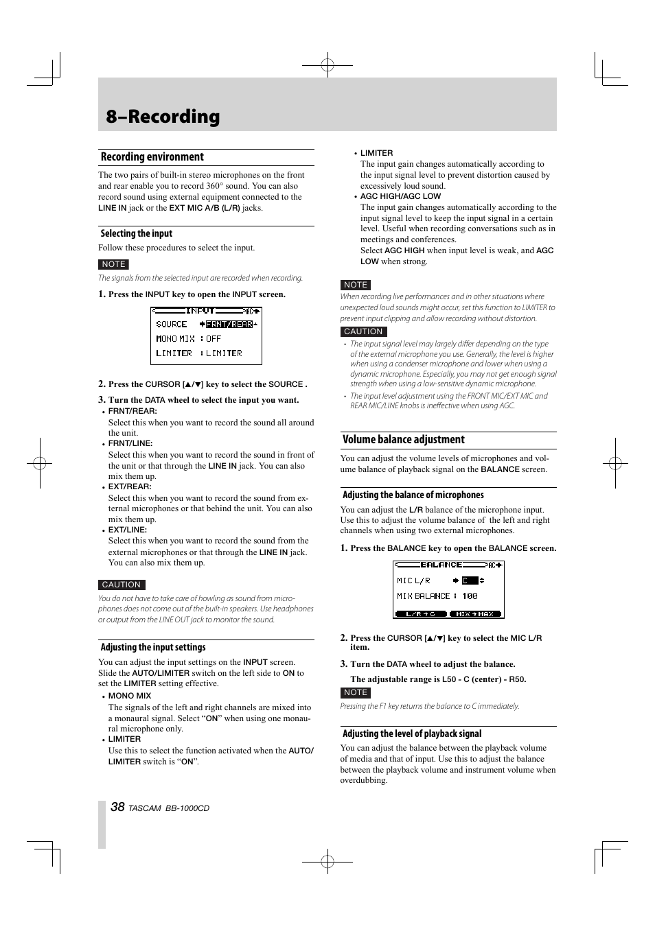 8–recording, Recording environment, Volume balance adjustment | Tascam BB-1000CD User Manual | Page 38 / 56