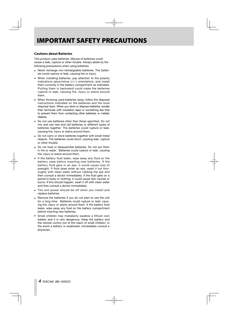 Important safety precautions | Tascam BB-1000CD User Manual | Page 4 / 56