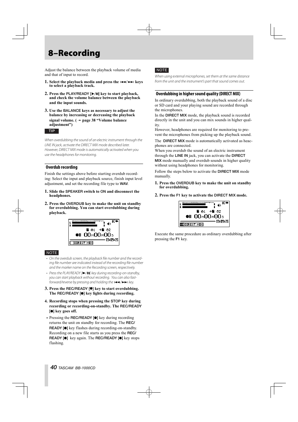 Overdubbing in higher sound quality (direct mix), 8–recording | Tascam BB-1000CD User Manual | Page 40 / 56