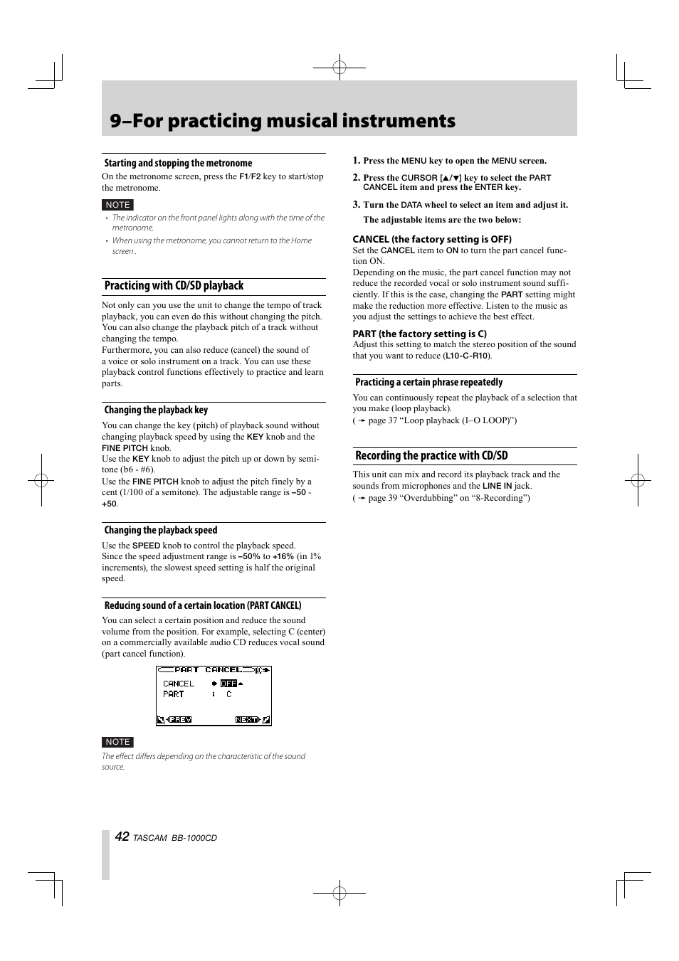 Practicing with cd/sd playback, Recording the practice with cd/sd, 9–for practicing musical instruments | Tascam BB-1000CD User Manual | Page 42 / 56