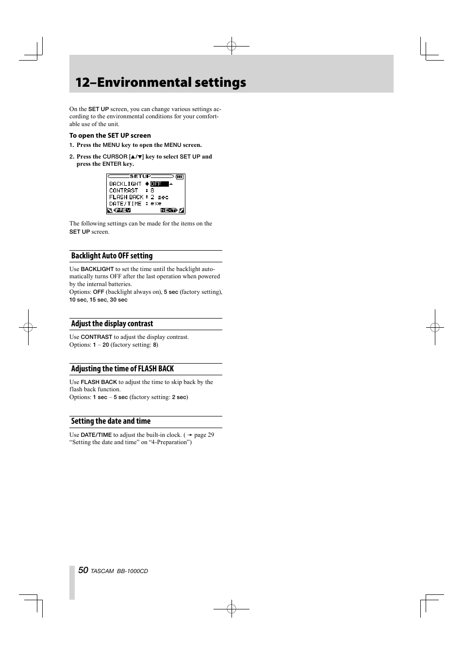 12–environmental settings, Backlight auto off setting, Adjust the display contrast | Adjusting the time of flash back, Setting the date and time | Tascam BB-1000CD User Manual | Page 50 / 56