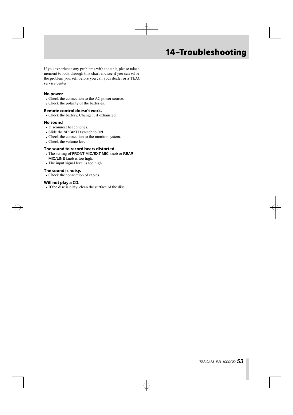 14–troubleshooting | Tascam BB-1000CD User Manual | Page 53 / 56