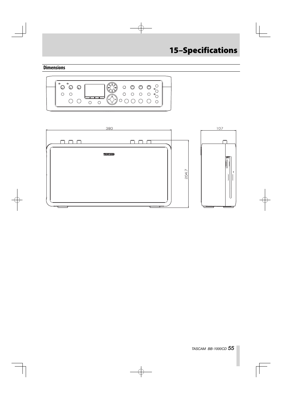 Dimensions, 15–specifications | Tascam BB-1000CD User Manual | Page 55 / 56