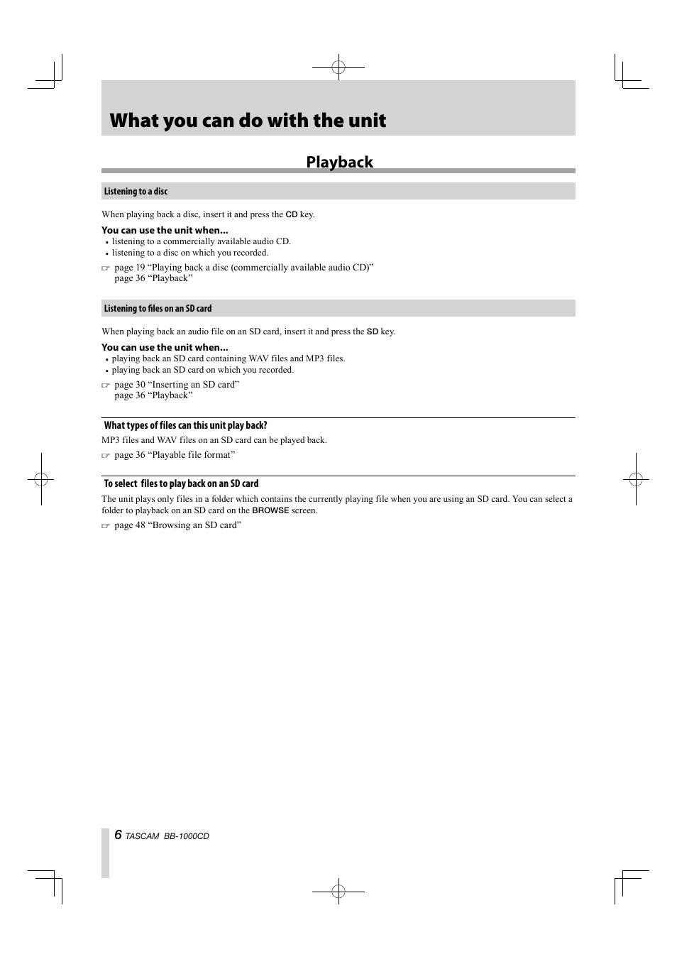 What you can do with the unit, Playback | Tascam BB-1000CD User Manual | Page 6 / 56