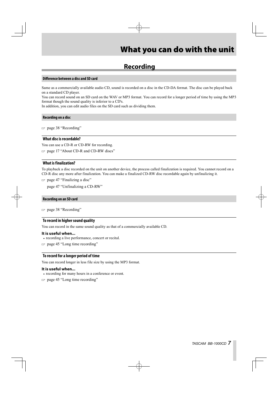 What you can do with the unit, Recording | Tascam BB-1000CD User Manual | Page 7 / 56