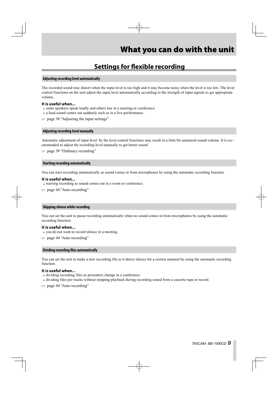What you can do with the unit, Settings for fl exible recording | Tascam BB-1000CD User Manual | Page 9 / 56