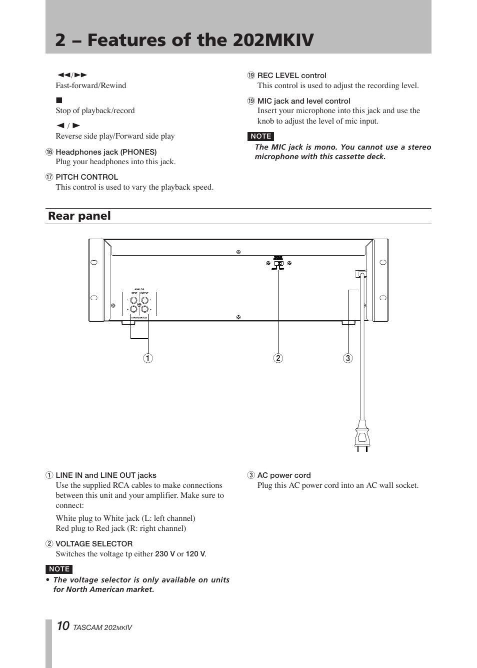 Rear panel, Important safety precautions, 2 − features of the 202mkiv | Tascam D00935220B User Manual | Page 10 / 28