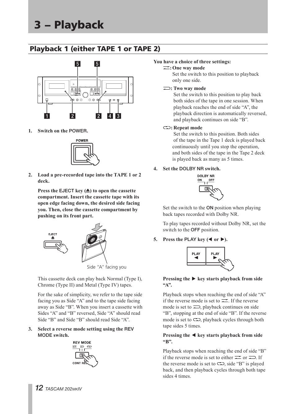 3 − playback, Playback 1 (either tape i or tape ii), Playback 1 (either tape 1 or tape 2) | Important safety precautions | Tascam D00935220B User Manual | Page 12 / 28