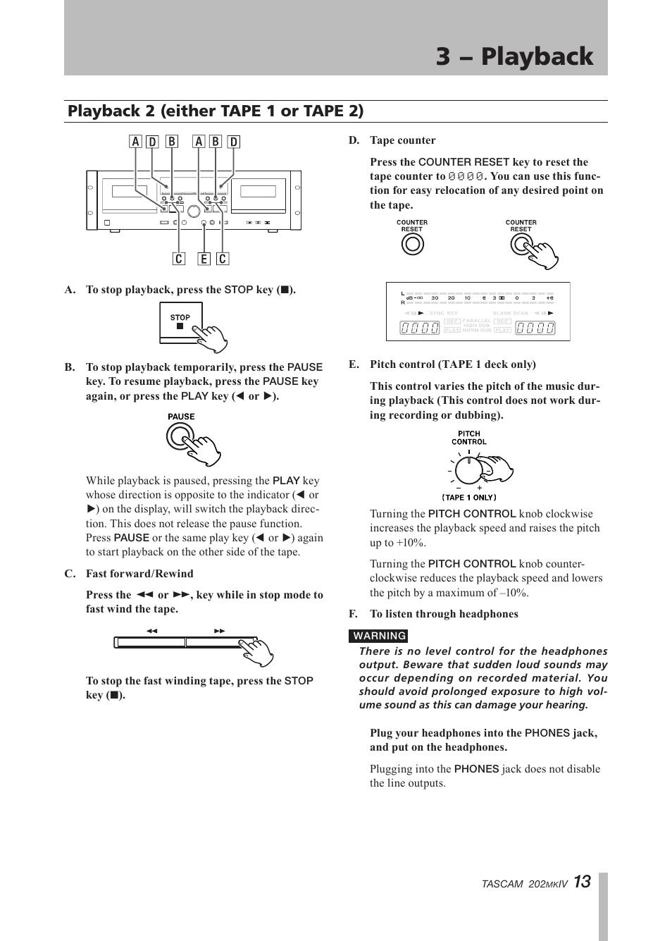 Playback 2 (either tape i or tape ii), Playback 2 (either tape 1 or tape 2), Important safety instructions | 3 − playback | Tascam D00935220B User Manual | Page 13 / 28