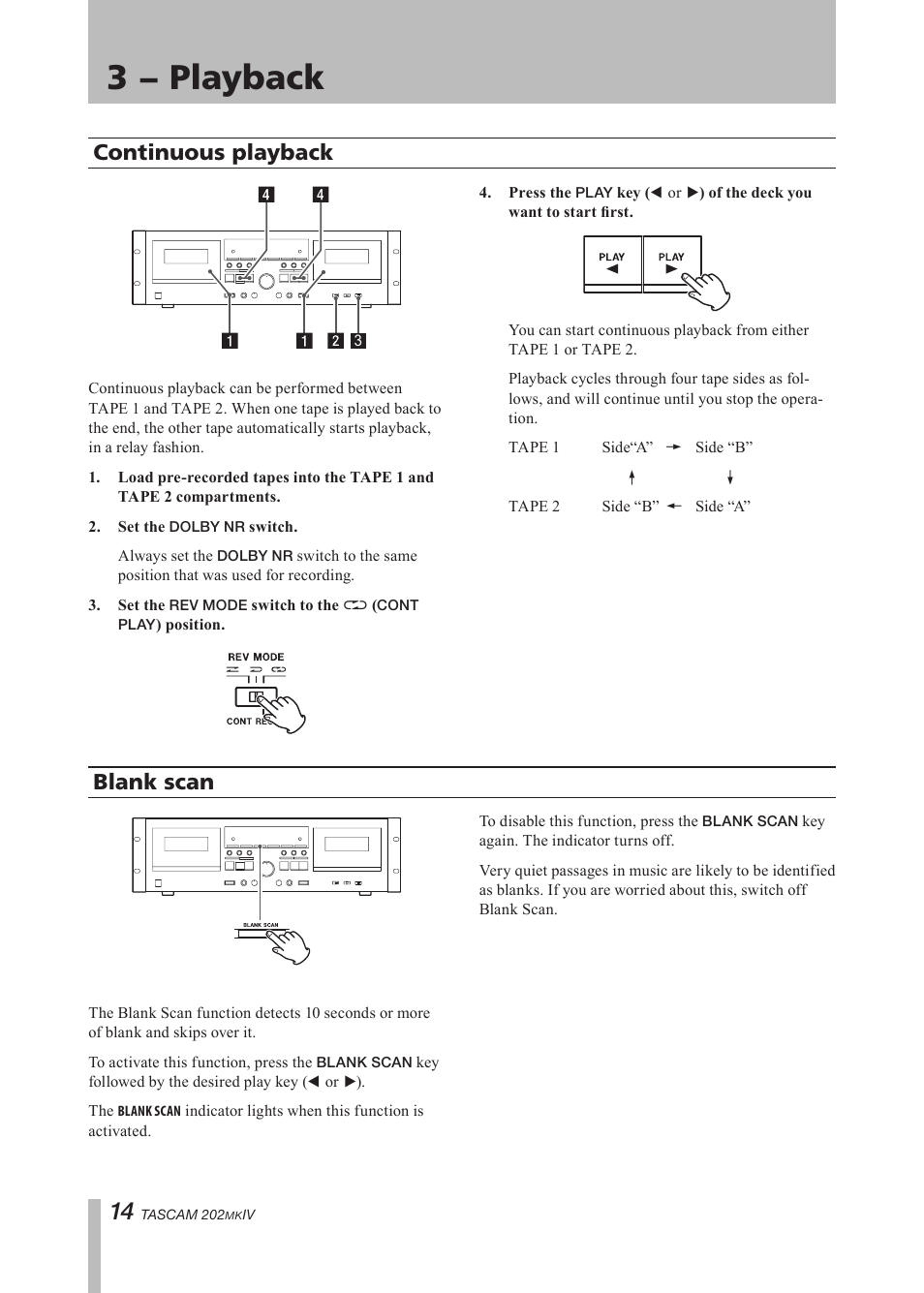 Continuous playback, Blank scan, Continuous playback blank scan | Important safety precautions, 3 − playback | Tascam D00935220B User Manual | Page 14 / 28