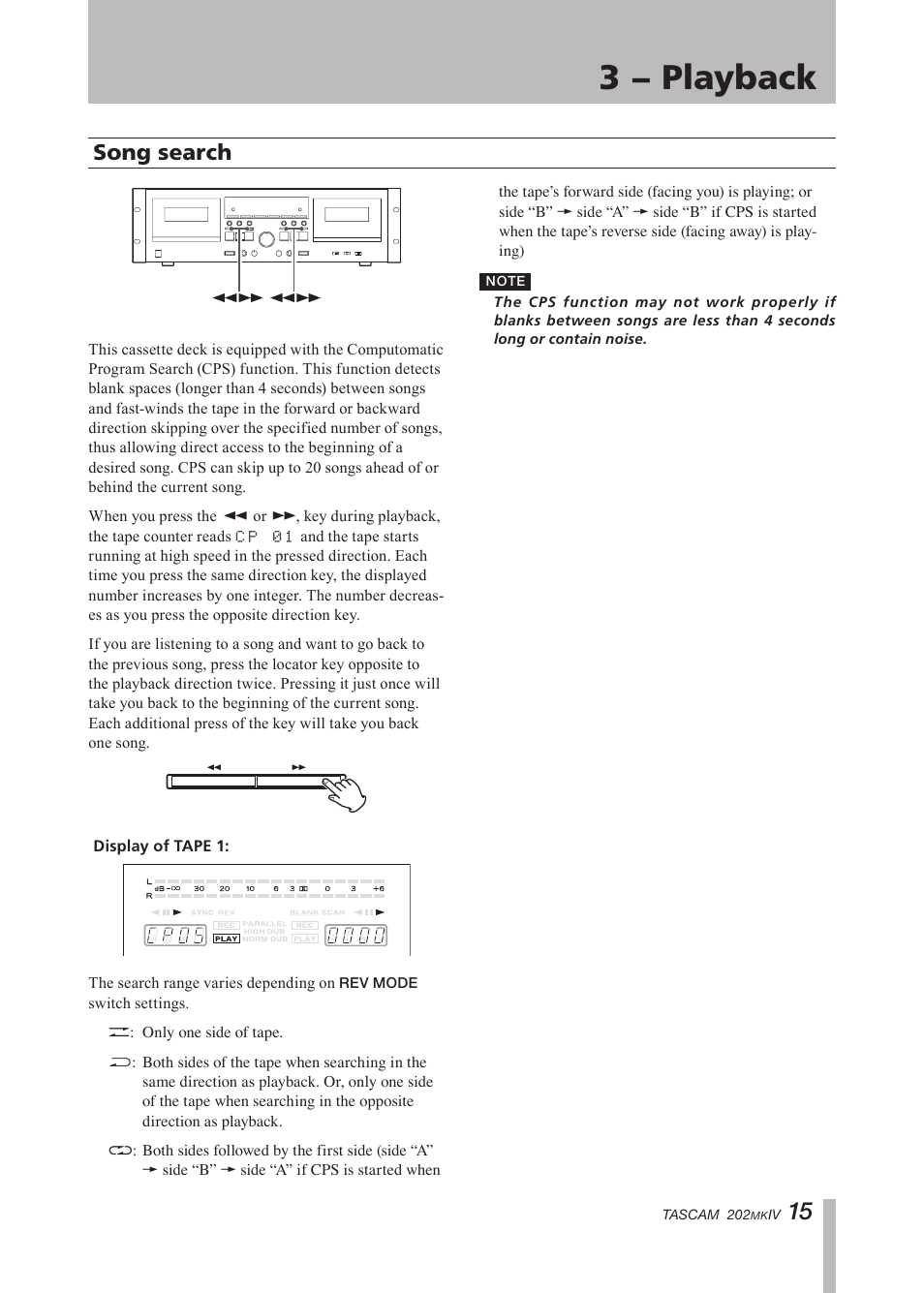 Song search, Important safety instructions, 3 − playback | Tascam D00935220B User Manual | Page 15 / 28