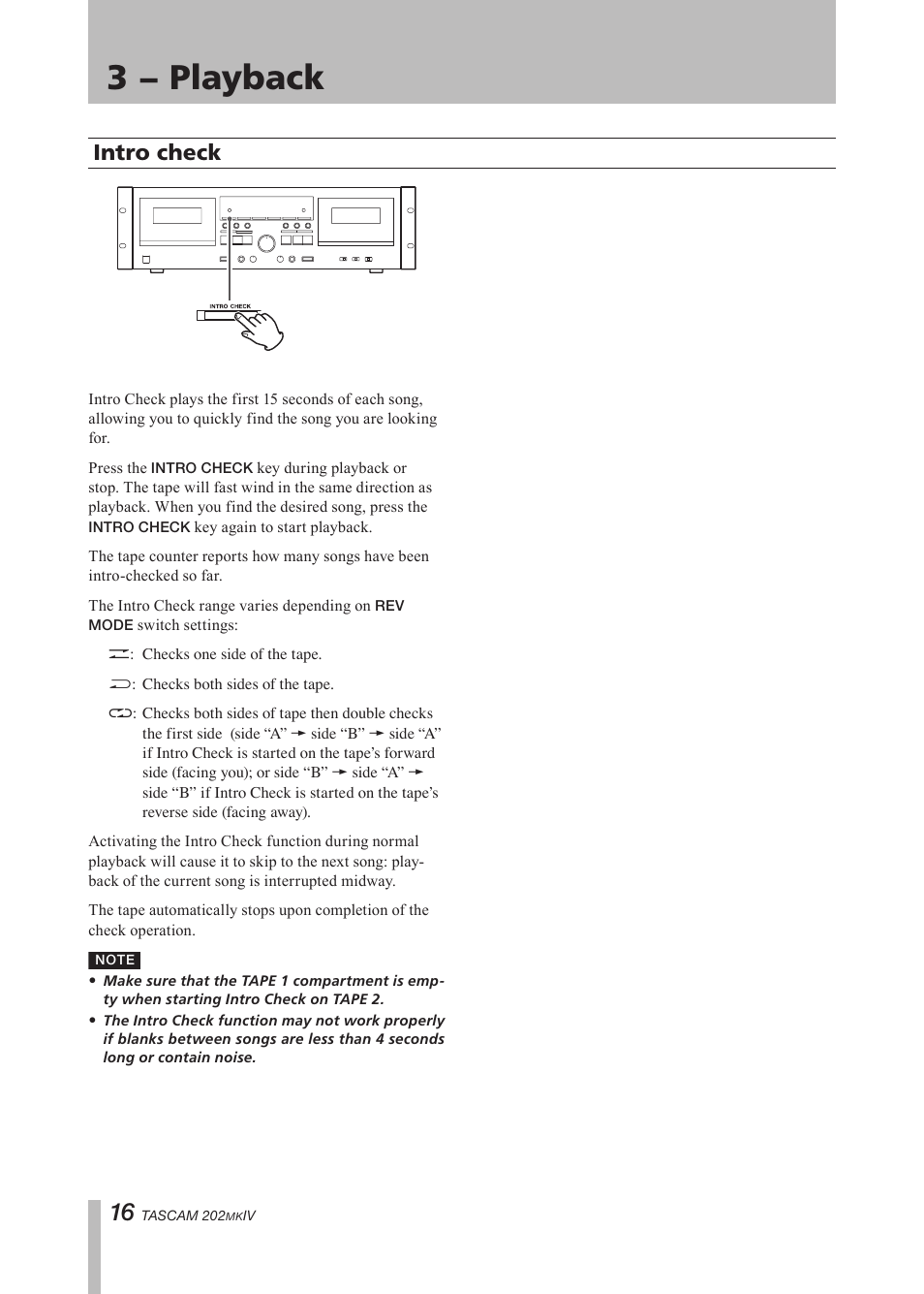 Intro check, Important safety precautions, 3 − playback | Tascam D00935220B User Manual | Page 16 / 28