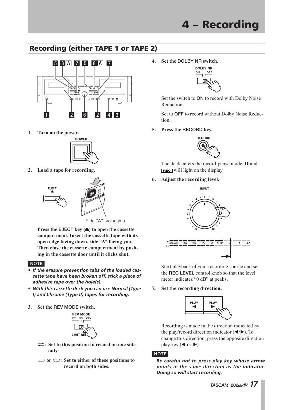 4 − recording, Recording (either tape i or tape ii), Recording (either tape 1 or tape 2) | Important safety instructions | Tascam D00935220B User Manual | Page 17 / 28