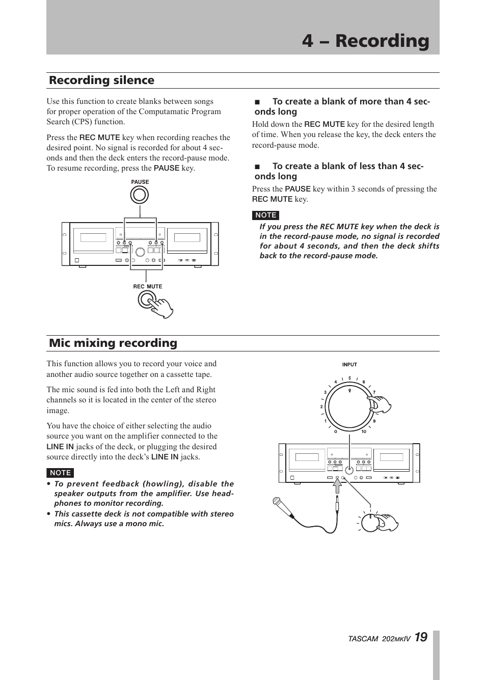 Recording silence, Mic mixing recording, To create a blank of more than 4 seconds long | To create a blank of less than 4 seconds long, To create a blank of more than 4, Seconds long, To create a blank of less than 4 seconds, Long, Important safety instructions, 4 − recording | Tascam D00935220B User Manual | Page 19 / 28