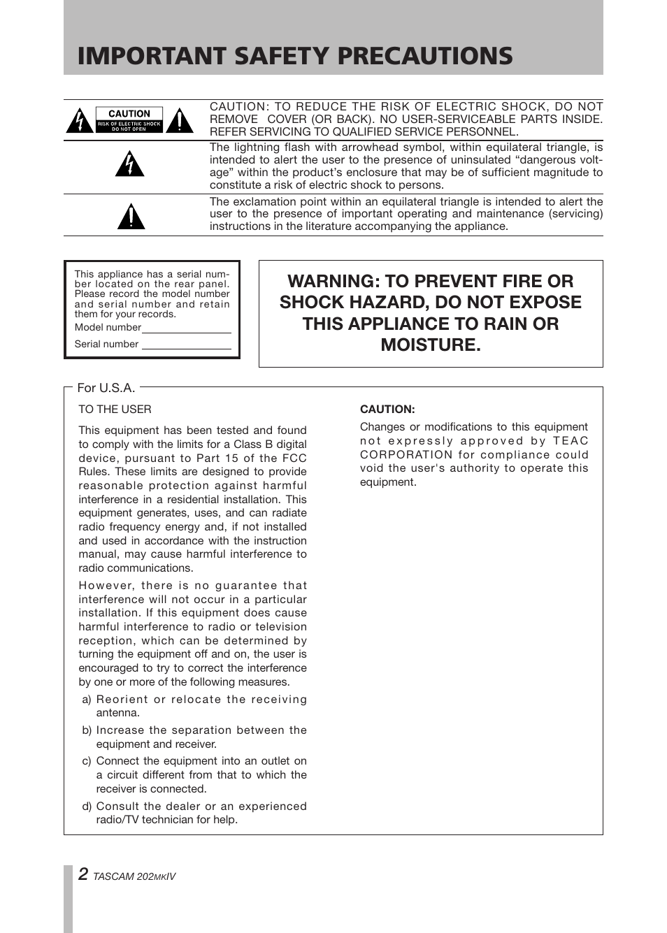 Important safety precautions | Tascam D00935220B User Manual | Page 2 / 28